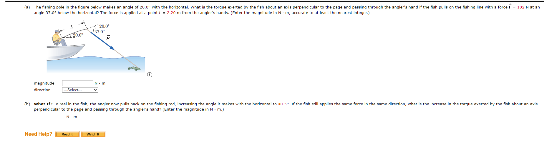 Solved (a) The fishing pole in the figure below makes an | Chegg.com