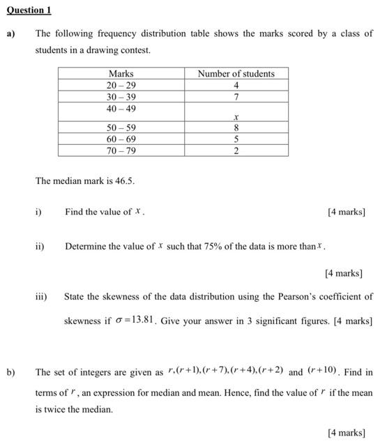 Solved Question 1 a) The following frequency distribution | Chegg.com