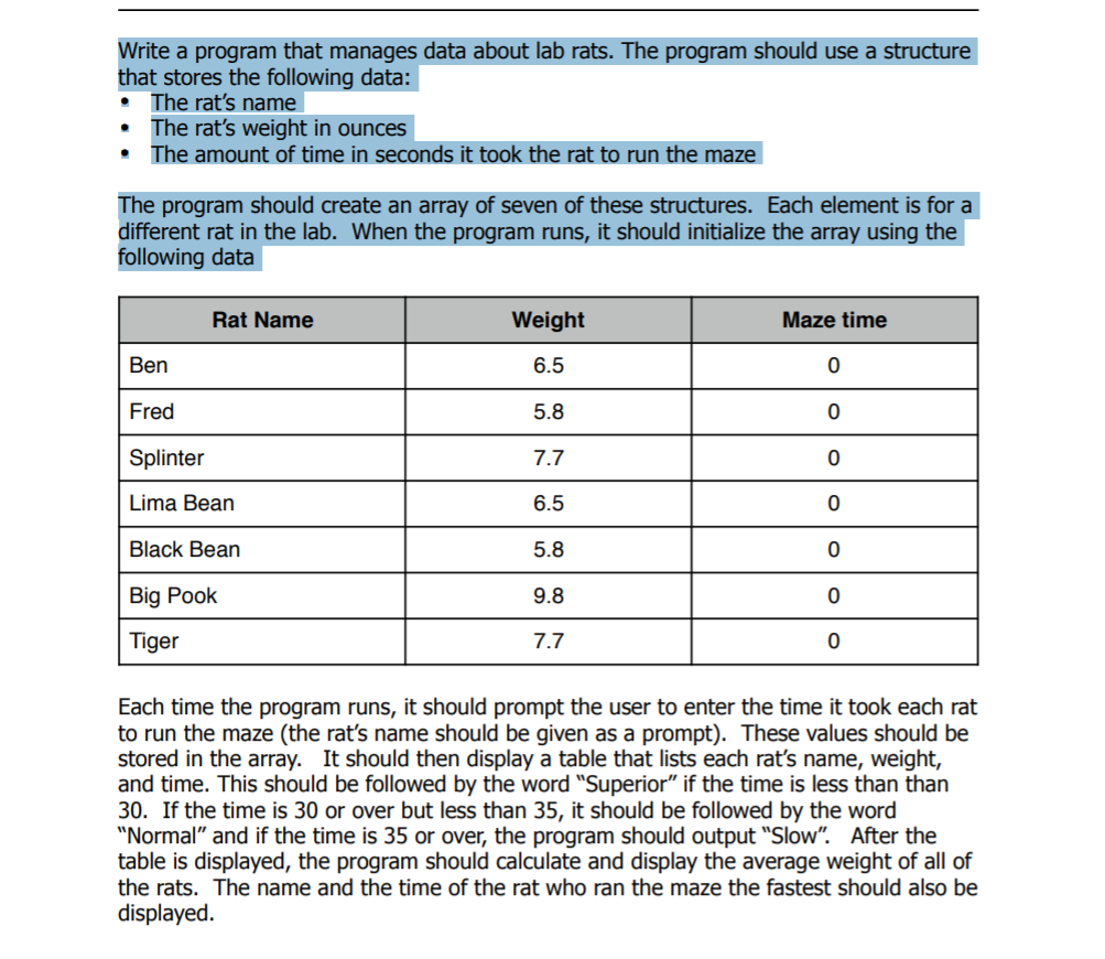 Write a program that manages data about lab rats. The | Chegg.com