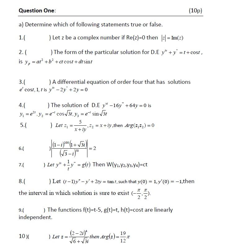 Solved 1.( ) Let z be a complex number if Re(z)=0 then | Chegg.com