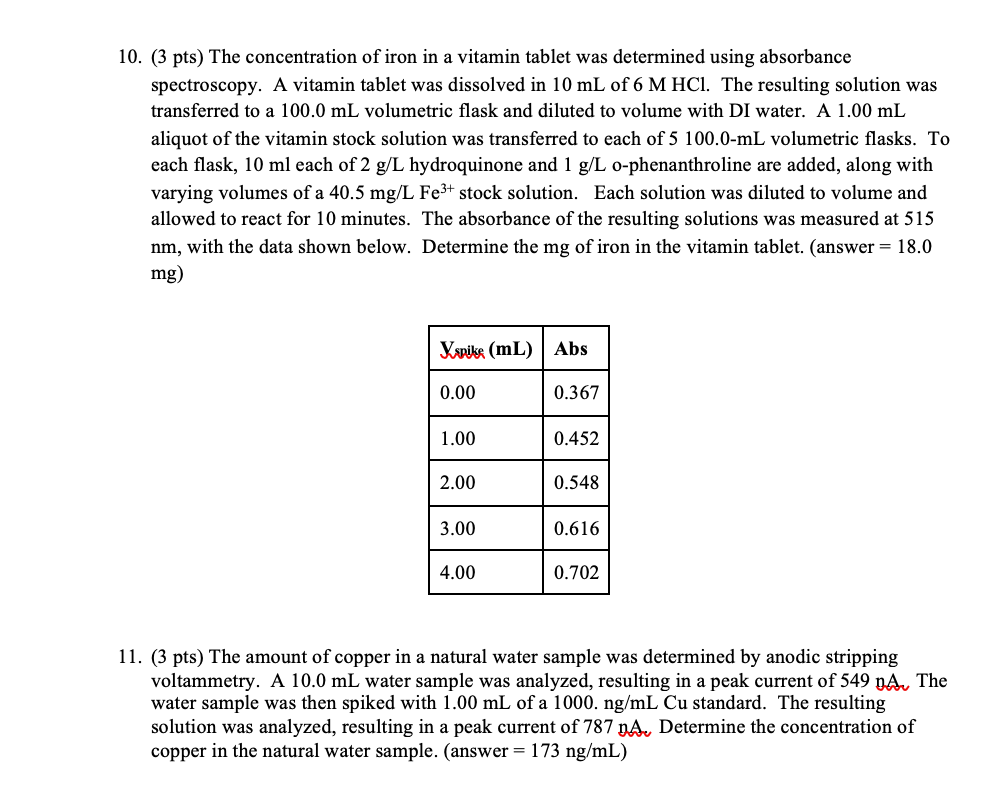 Solved 10. (3 pts) The concentration of iron in a vitamin