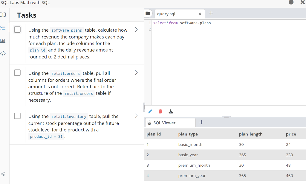 SQL Labs Math with SQL query.sql х Tasks + 1 select | Chegg.com