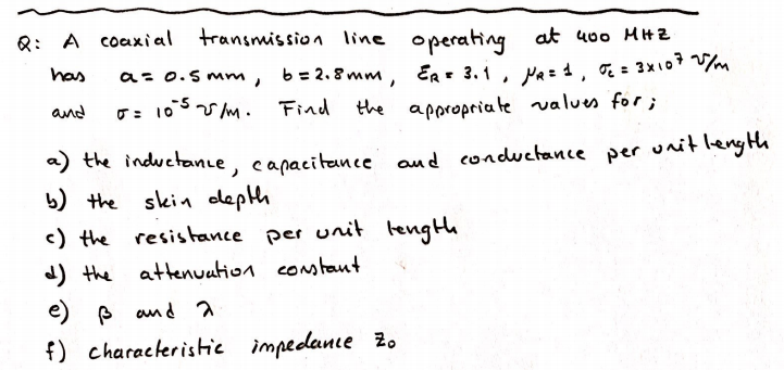 Solved Has And Q A Coaxial Transmission Line Operating At Chegg Com