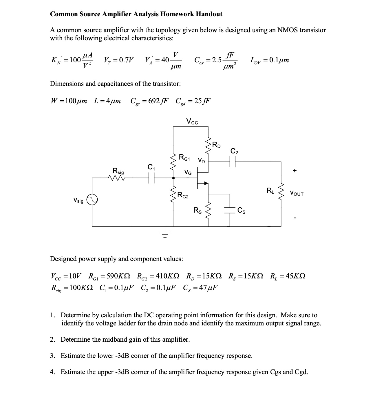 Common Source Amplifier Analysis Homework Handout A | Chegg.com