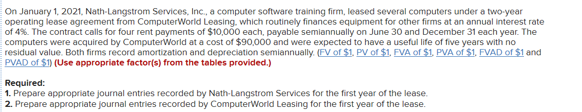 On january 1, 2021, nath-langstrom services, inc., a computer software training firm, leased several computers under a two-ye