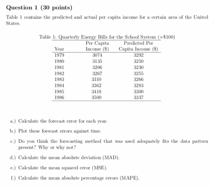 Solved Question 1 (30 points) Table 1 contains the predicted | Chegg.com
