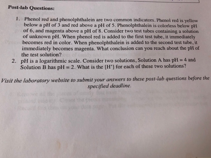 Solved Postlab Questions 1. Phenol red and phenolphthalein