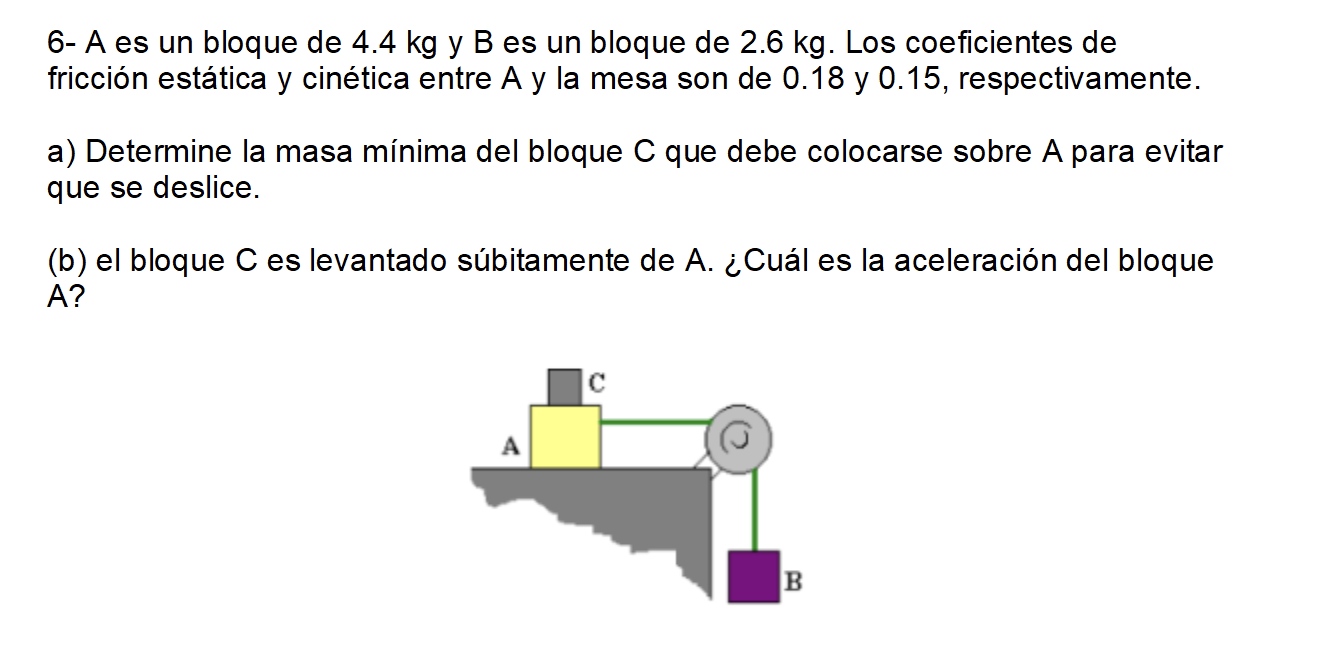 6- A es un bloque de \( 4.4 \mathrm{~kg} \) y B es un bloque de \( 2.6 \mathrm{~kg} \). Los coeficientes de fricción estática