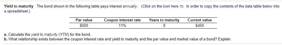 Solved Yield To Maturity The Bond Shown In The Following | Chegg.com