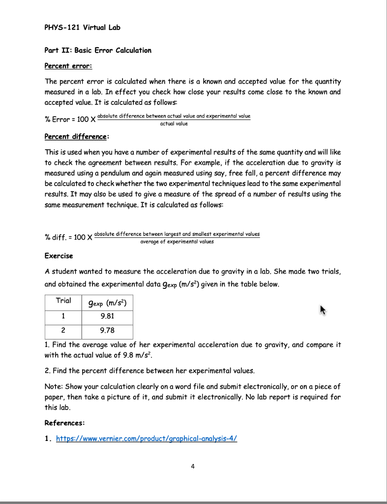 Solved PHYS 121 Virtual Lab Part II Basic Error Calculation Chegg