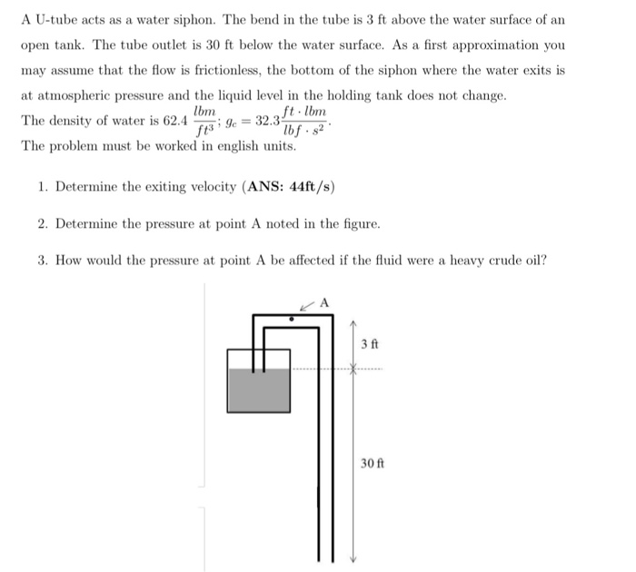 Solved A U-tube acts as a water siphon. The bend in the tube | Chegg.com