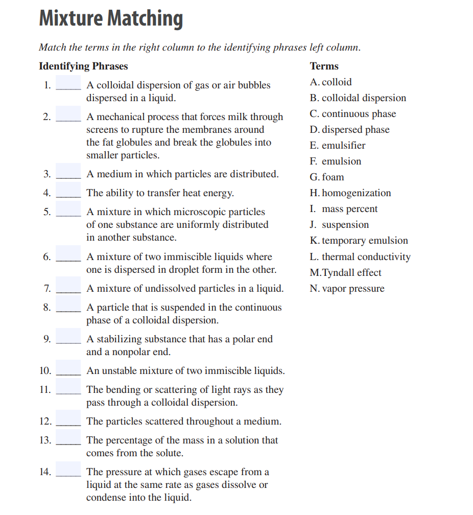 Solved Mixture Matching Match the terms in the right column | Chegg.com