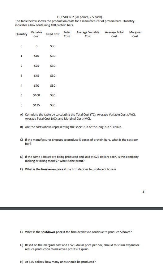 QUESTION 2 (20 points, 2.5 each) The table below | Chegg.com