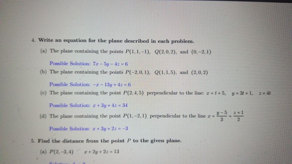 Solved 4 Write An Equation For The Plane Described In Ea Chegg Com