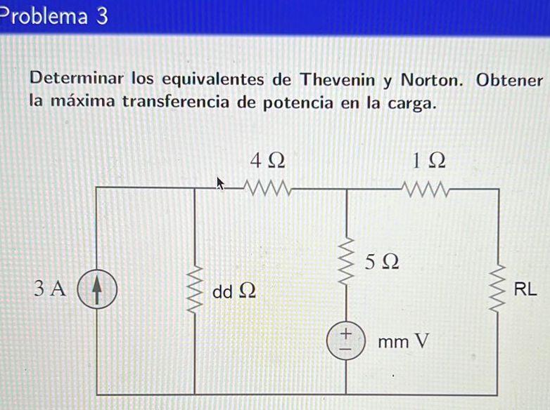 Problema 3 Determinar los equivalentes de Thevenin y Norton. Obtener la máxima transferencia de potencia en la carga. 112 422