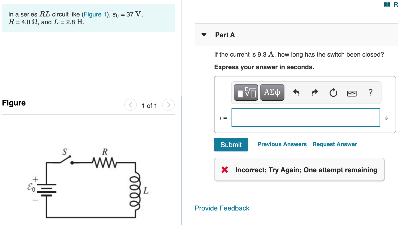 Solved NR In a series RL circuit like (Figure 1), Eo = 37 V, | Chegg.com