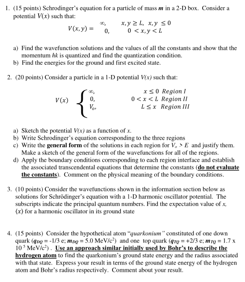 1. (15 points) Schrodingers equation for a particle of mass \( m \) in a 2-D box. Consider a potential \( V(x) \) such that: