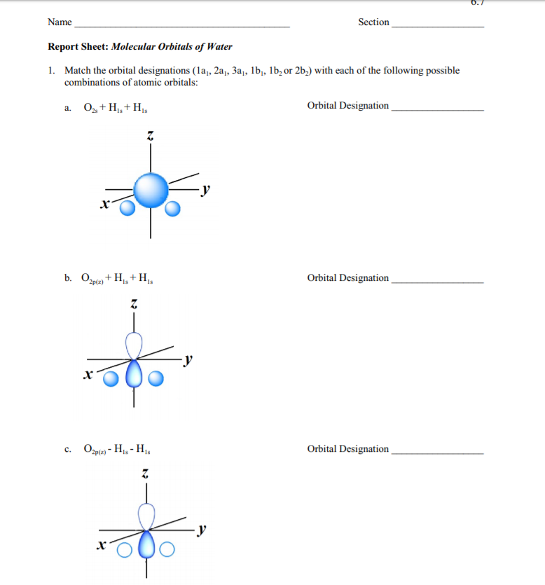 Solved Name Report Sheet Molecular Orbitals Of Water 1 6971