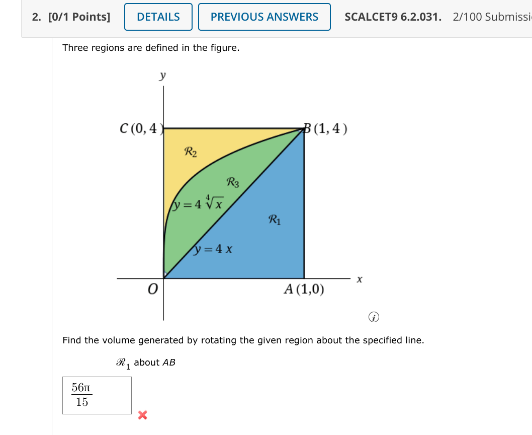 2. [0/1 Points]
DETAILS
Three regions are defined in the figure.
56?
15
C (0,4
PREVIOUS ANSWERS SCALCET9 6.2.031. 2/100 Submi