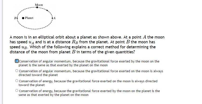 A moon is in an elliptical orbit about a planet as shown above. At a point \( A \) the moon has speed \( u_{A} \) and is at a