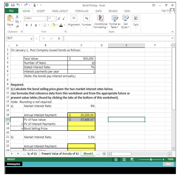 Solved Bond Pricing using Present Value Tables using Excel's | Chegg.com