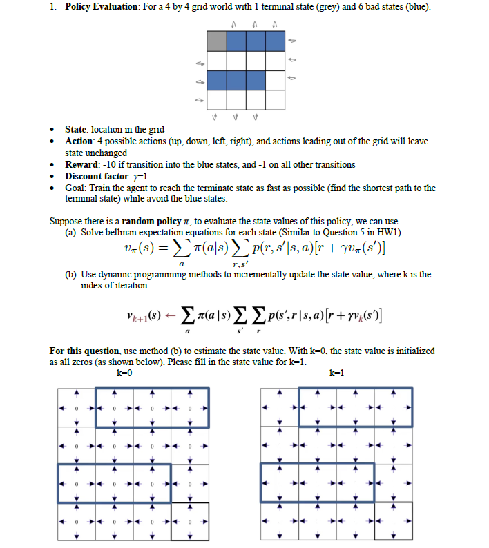 1. Policy Evaluation: For a 4 by 4 grid world with 1 | Chegg.com