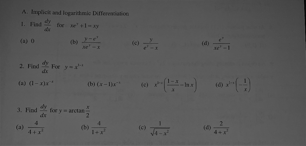 Solved A. Implicit and logarithmic Differentiation 1. Find | Chegg.com