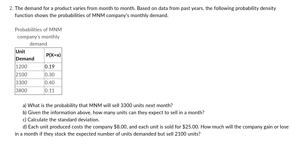 Solved 2. The demand for a product varies from month to | Chegg.com