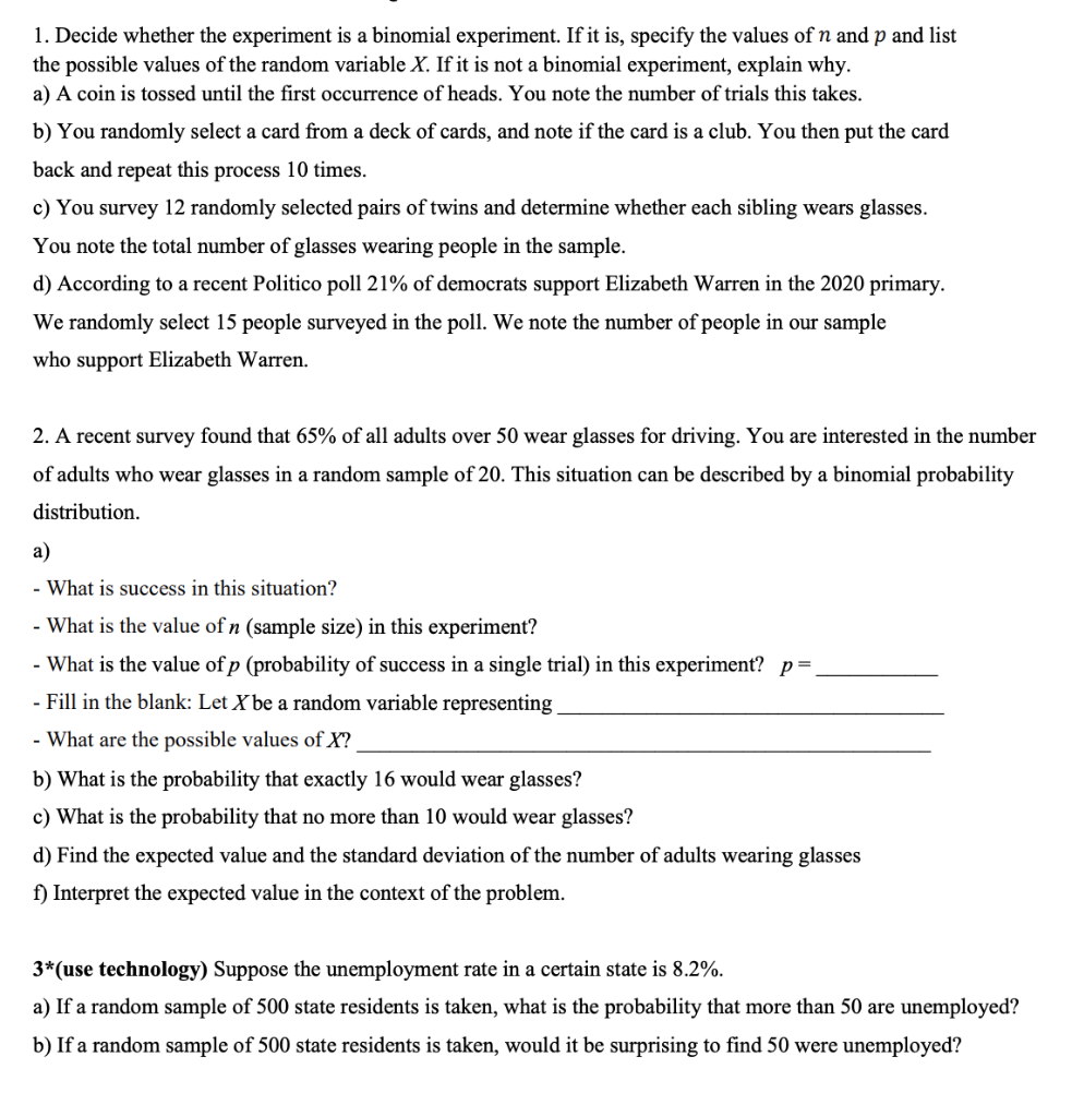 Solved 1. Decide whether the experiment is a binomial | Chegg.com
