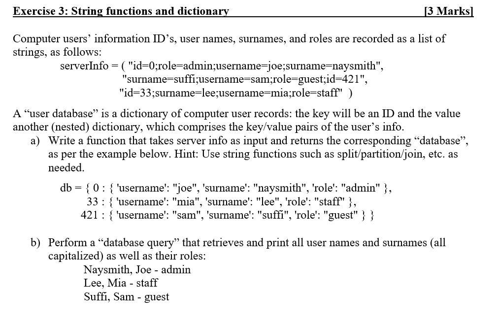 Solved Exercise 3: String functions and dictionary [3 Marks | Chegg.com