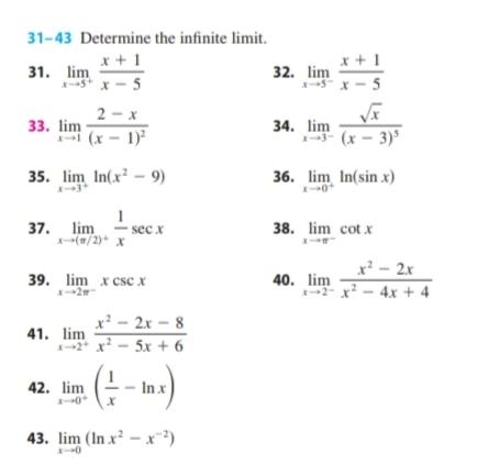 Solved 31-43 Determine the infinite limit. 31. limx→5+x−5x+1 | Chegg.com