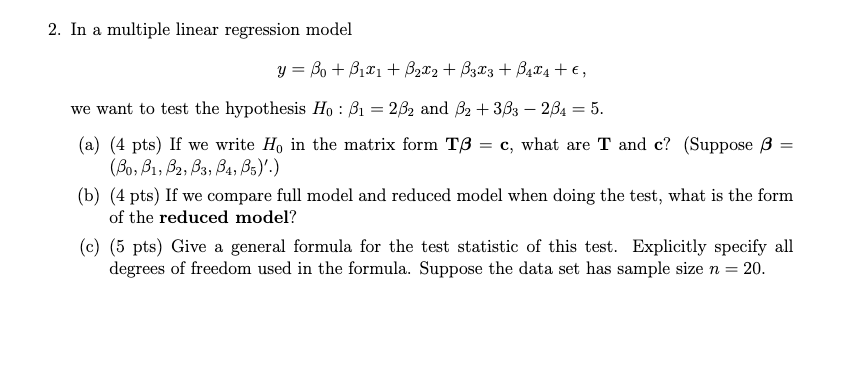 2. In A Multiple Linear Regression Model Y= Bo + Bixi | Chegg.com