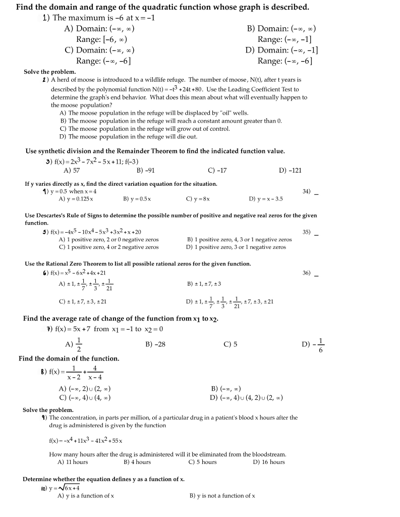 Solved Find the domain and range of the quadratic function | Chegg.com