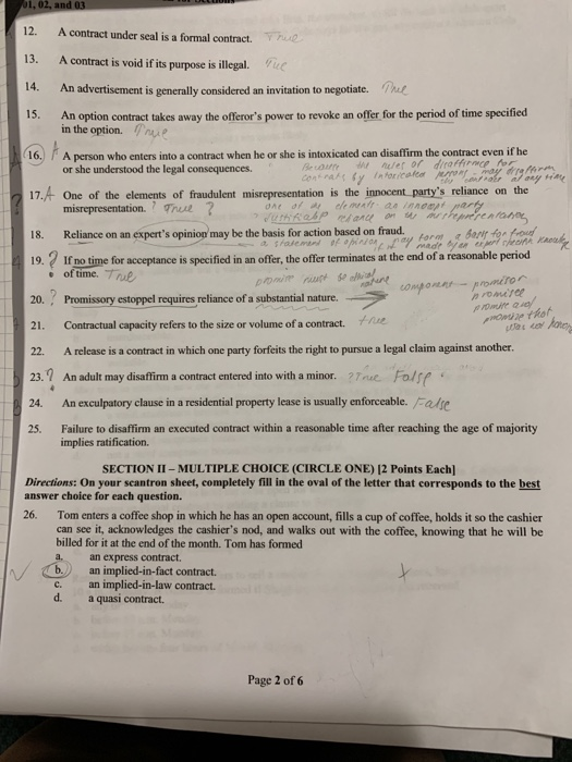 Solved 01, 02, and 03 12. A contract under seal is a formal | Chegg.com