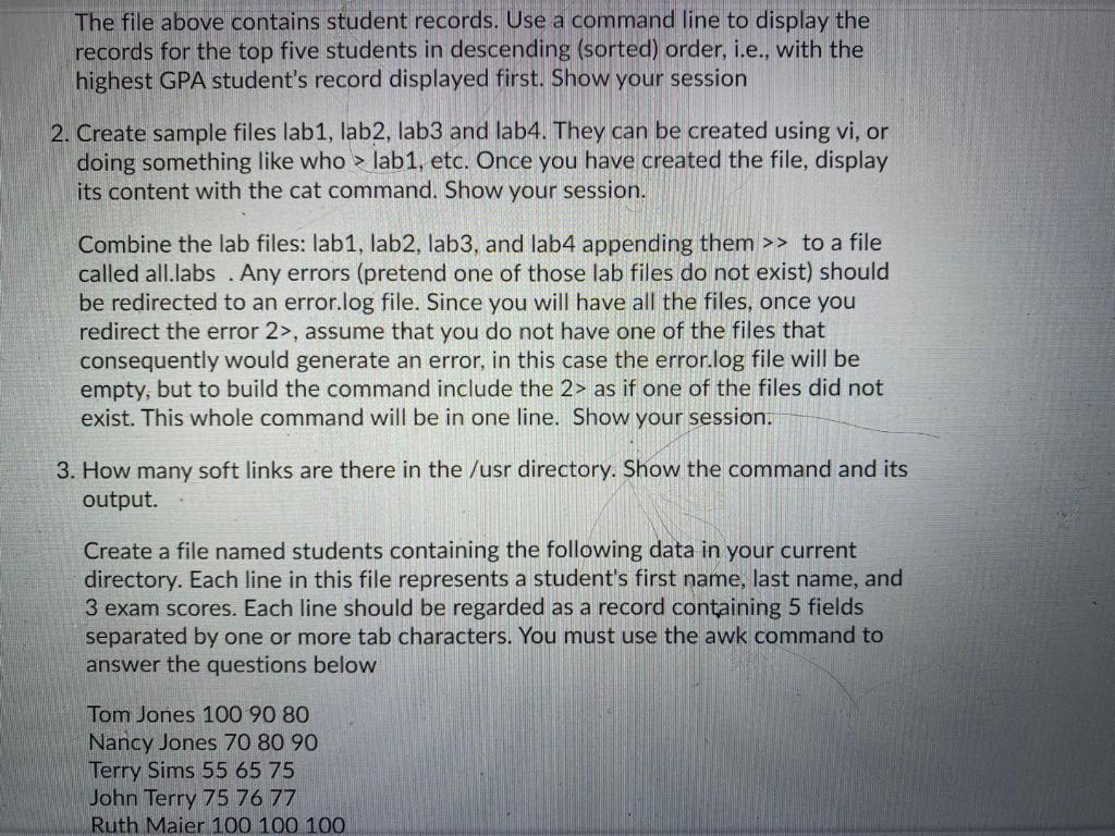 The File Above Contains Student Records Use A Chegg Com