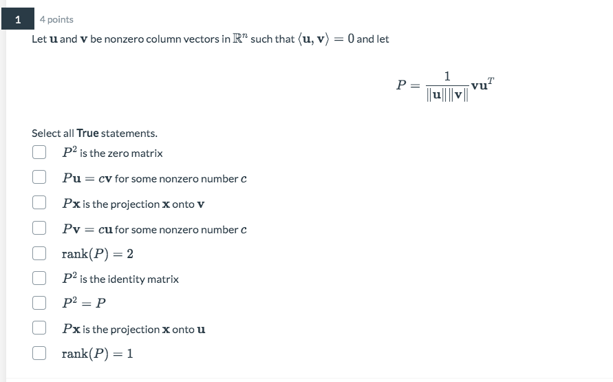 Solved 1 4 points Let u and y be nonzero column vectors in | Chegg.com