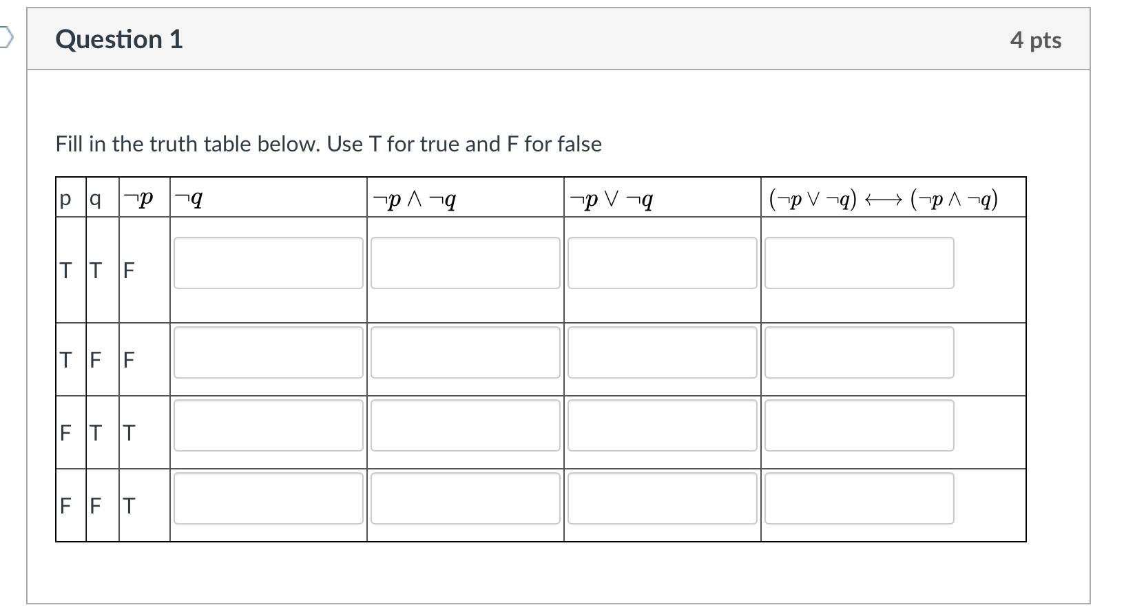 Solved Question 1 4 pts Fill in the truth table below. Use T | Chegg.com