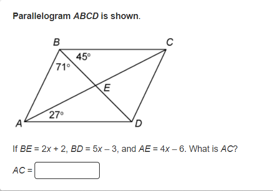 Solved Parallelogram ABCD is shown. If BE=2x+2,BD=5x−3, and | Chegg.com