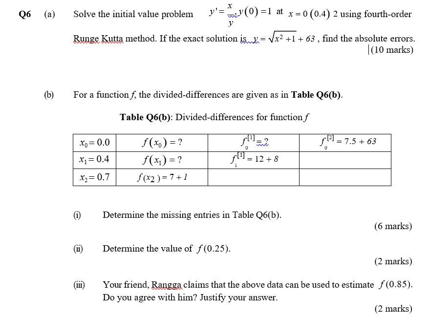 Solved X Q6 (a) Y'a Solve The Initial Value Problem Zy(0)=1 | Chegg.com