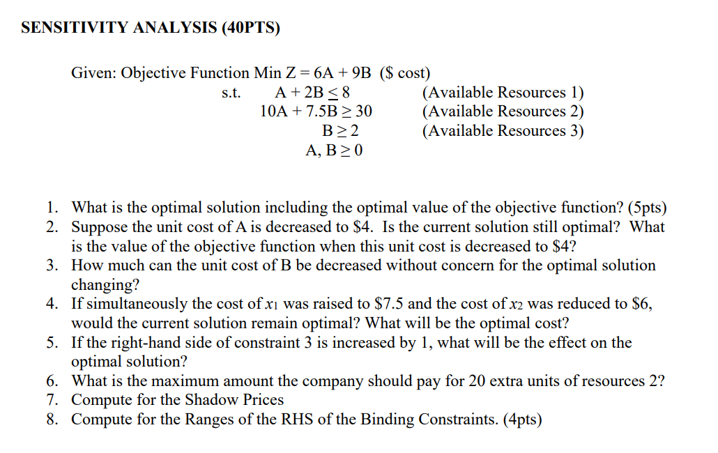 Solved SENSITIVITY ANALYSIS (40PTS) Given: Objective | Chegg.com