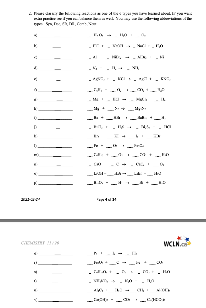 5.09 types of reactions assignment with extra credit