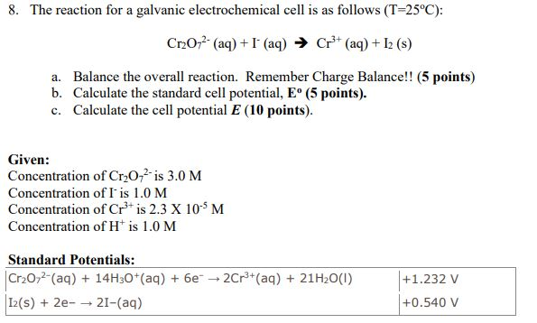Solved 8. The reaction for a galvanic electrochemical cell | Chegg.com