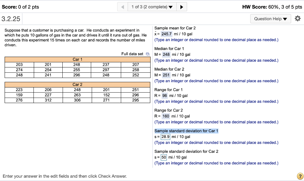 Solved I need help with finding the sample deviation for Car | Chegg.com