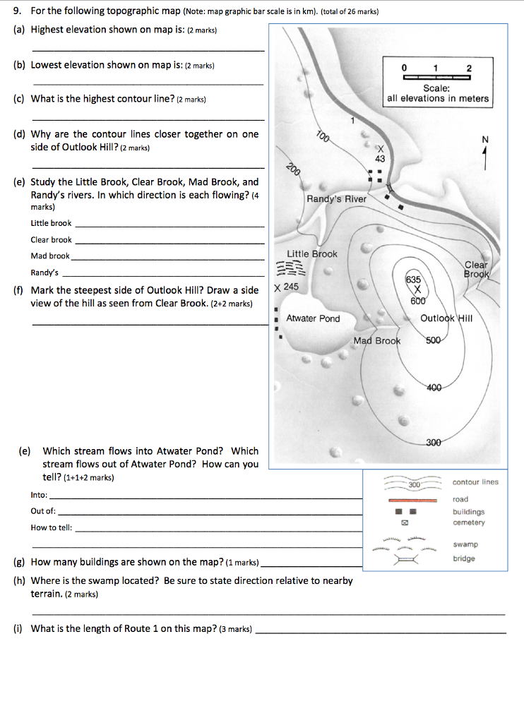 Solved 9. For the following topographic map (Note: map | Chegg.com