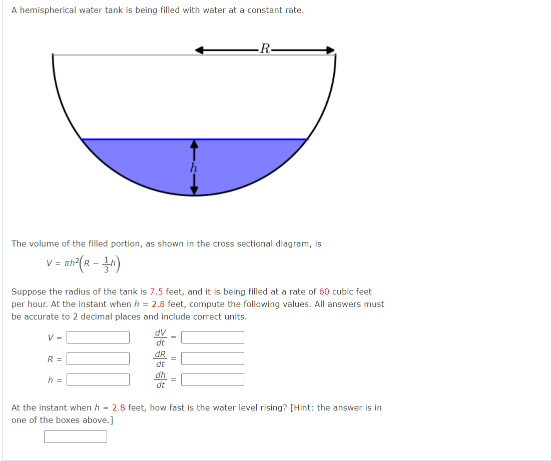 A hemispherical water tank is being filled with water at a constant rate.
The volume of the filled portion, as shown in the c