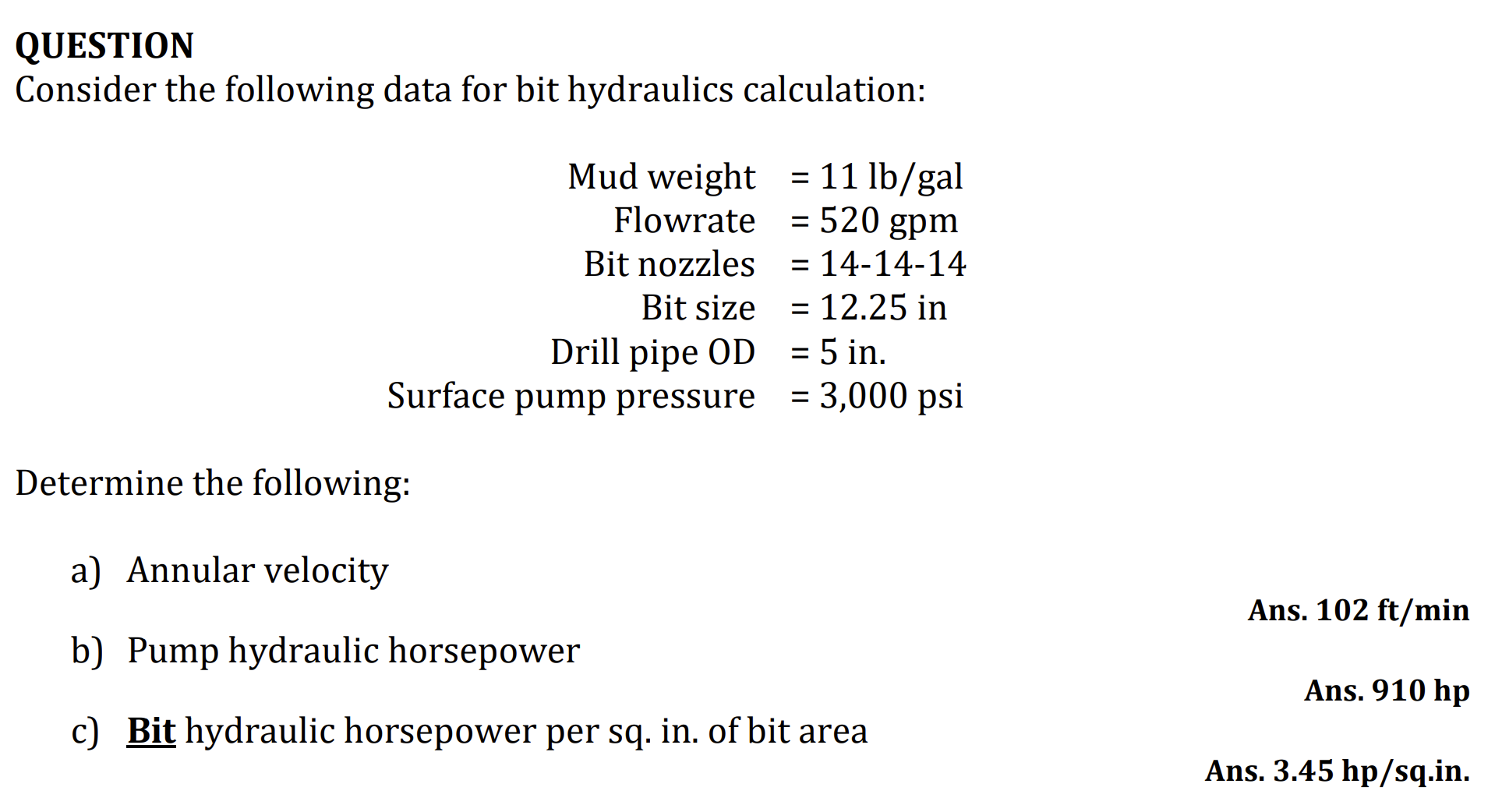 Consider the following data for bit hydraulics