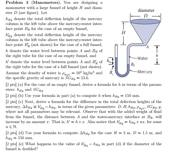 Solved manometer with a large funnel of height H and diam Chegg