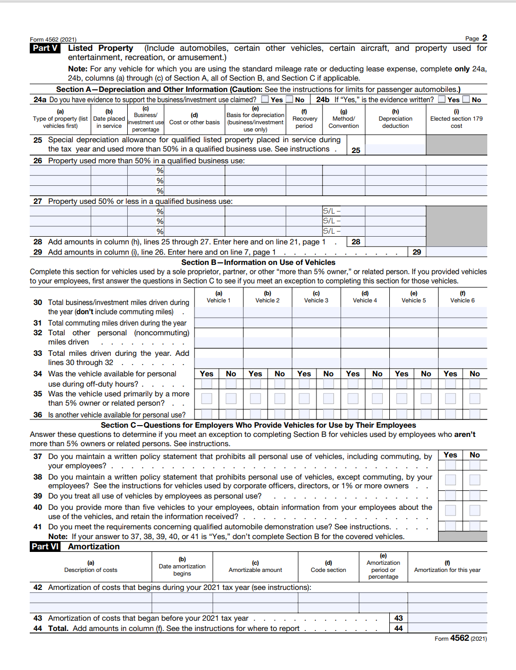 Form 4562 (2021) Part V Listed Property (Include automobiles, certain other vehicles, certain aircraft, and property used for