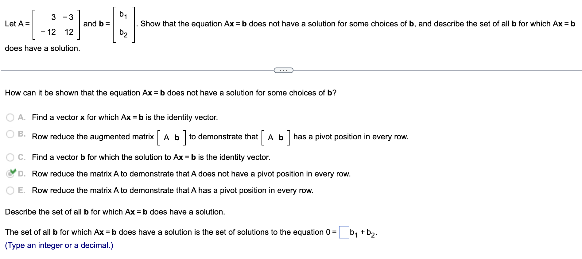 Solved Let A=[3−12−312] And B=[b1b2]. Show That The Equation | Chegg.com