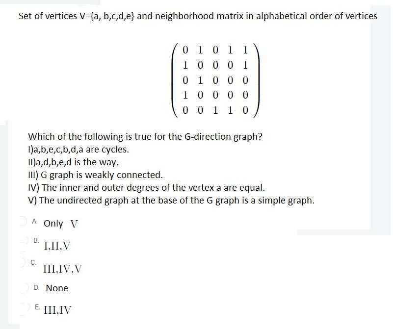 Solved Set Of Vertices V={a,b,c,d,e} And Neighborhood Matrix | Chegg.com